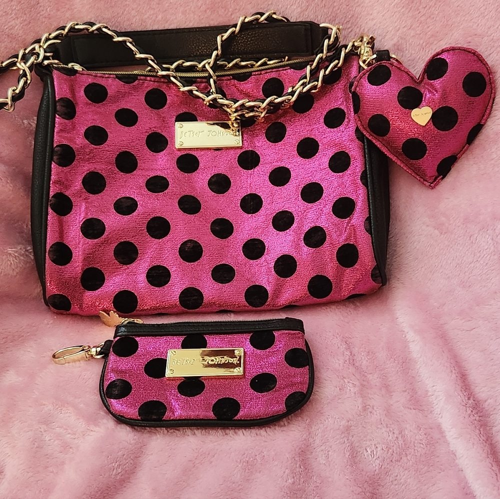 Stylish Hot Pink & Blk Dots Patterned Women's Bag By Betsey■ Very Good Condition
